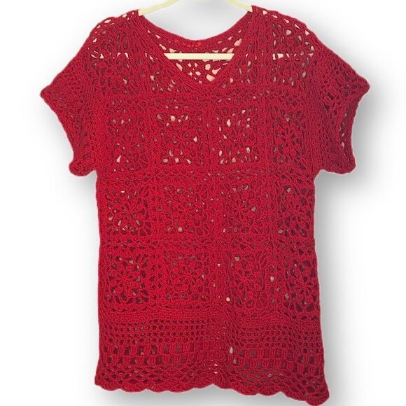 Red crochet sweater granny square boho vneck knit handmade xxl - Picture 1 of 8